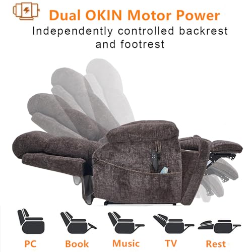 Light Grey Recliner Chair for Elderly | Tall and Big Man 400lbs | Chenille | Power Lift, Lay Flat, Stand Up, Wireless Charging Device, Extended Footrest, Massage Heat, Cup Holder, Lumbar Pillow
