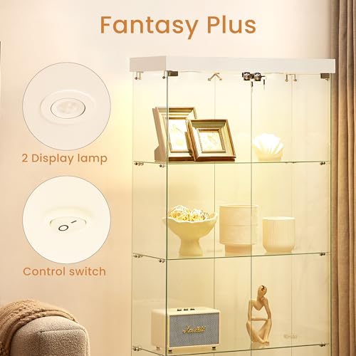 Glass Display Cabinet with LED Lights, Glass Curio Cabinets with Double Doors, Locking Glass Cabinet Display Case for Home, Office, Clinic, Pantry, Assemble Required (Black)