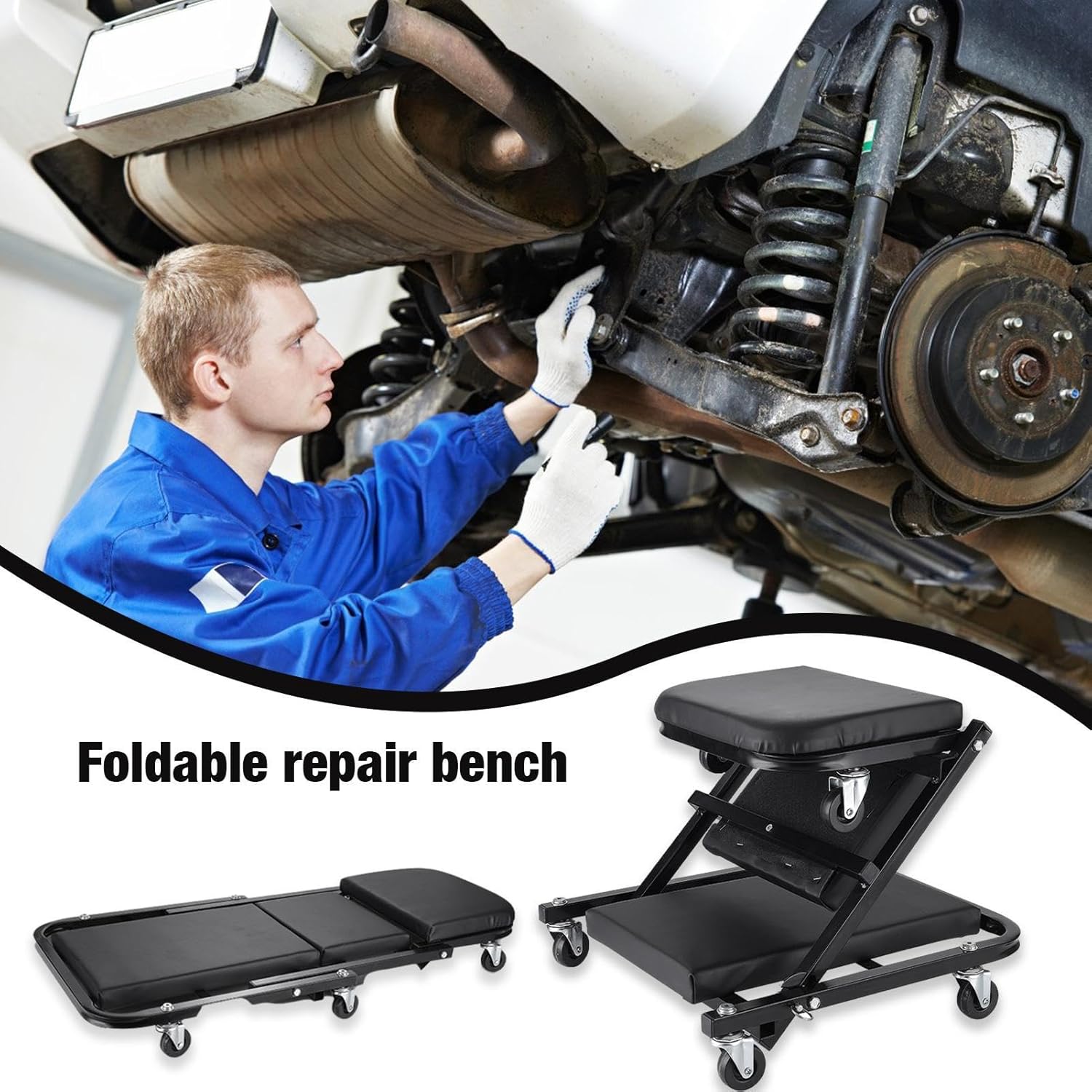 Foldable Z Creeper, 2-in-1 Rolling Folding Car Creeper & Seat, 36 Inches Adjustable Roller Garage Chair Lay Down or Sit, Seamless Steering Under Car Roller Creeper with 6 Swivel Casters