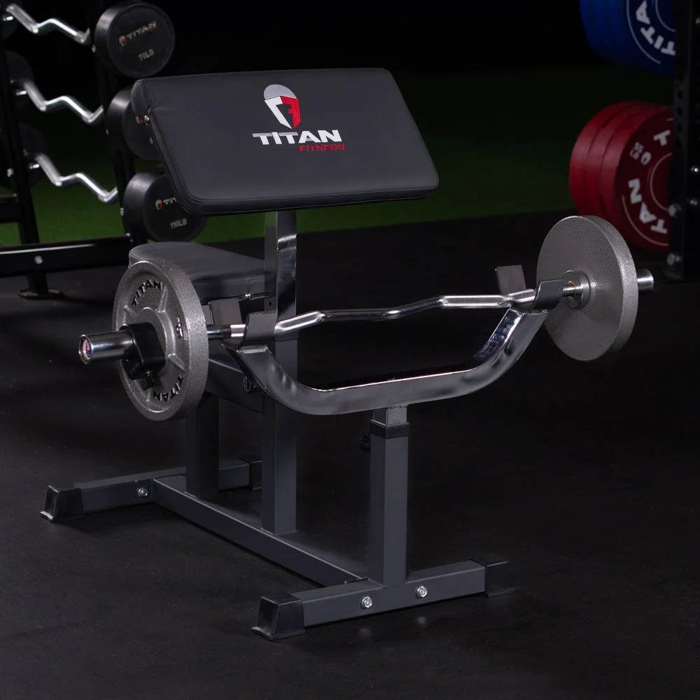 Titan Fitness Adjustable Arm Preacher Curl Weight Station, Seated Strength Training Fitness Bench, Rated 250 LB, Isolated Barbell Dumbbell Bicep Tricep Muscle Home Gym Fitness Equipment