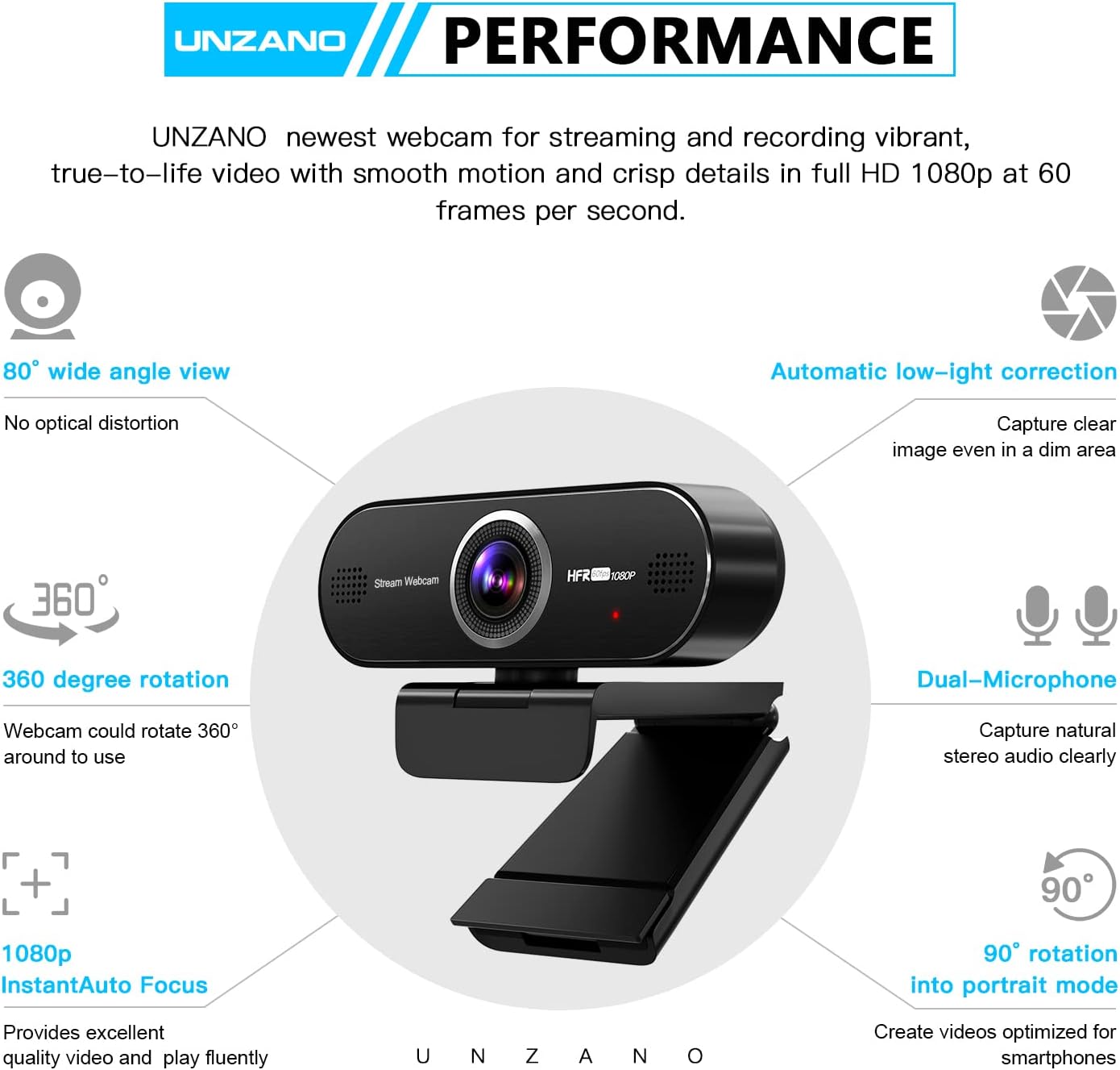 1080P 60FPS Webcam with Microphone,Full HD Computer Web Camera,Auto-Focus 80° Wide Angle Built-in Dual Noise Reduction Mics,Webcam for Online Class, Zoom Skype Facetime Teams, PC Mac Laptop Desktop