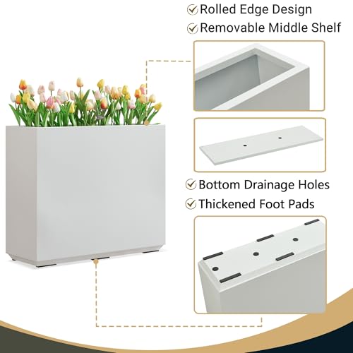 Metallic Heavy Outdoor Planter Box, Span Planter, Long and Tall Divider Planter, 38Lx10Wx30H, White, 48.8 Pounds