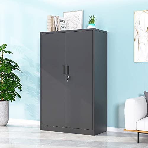 Metal Storage Cabinet with Locking Doors and 2 Adjustable Shelves, Small Lockable Steel Storage Cabinets for Home Office Garage Kitchen Pantry (Black)