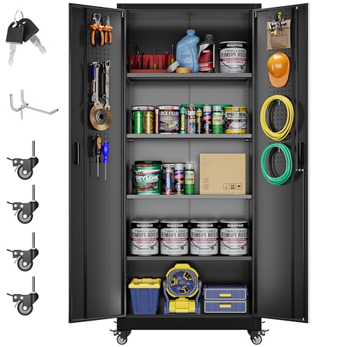 Aobabo Garage Storage Cabinet with Wheels,72" H Metal Storage Cabinet with 2 Doors and 4 Adjustable Shelves for Garage Home, Black,Required-Assembly