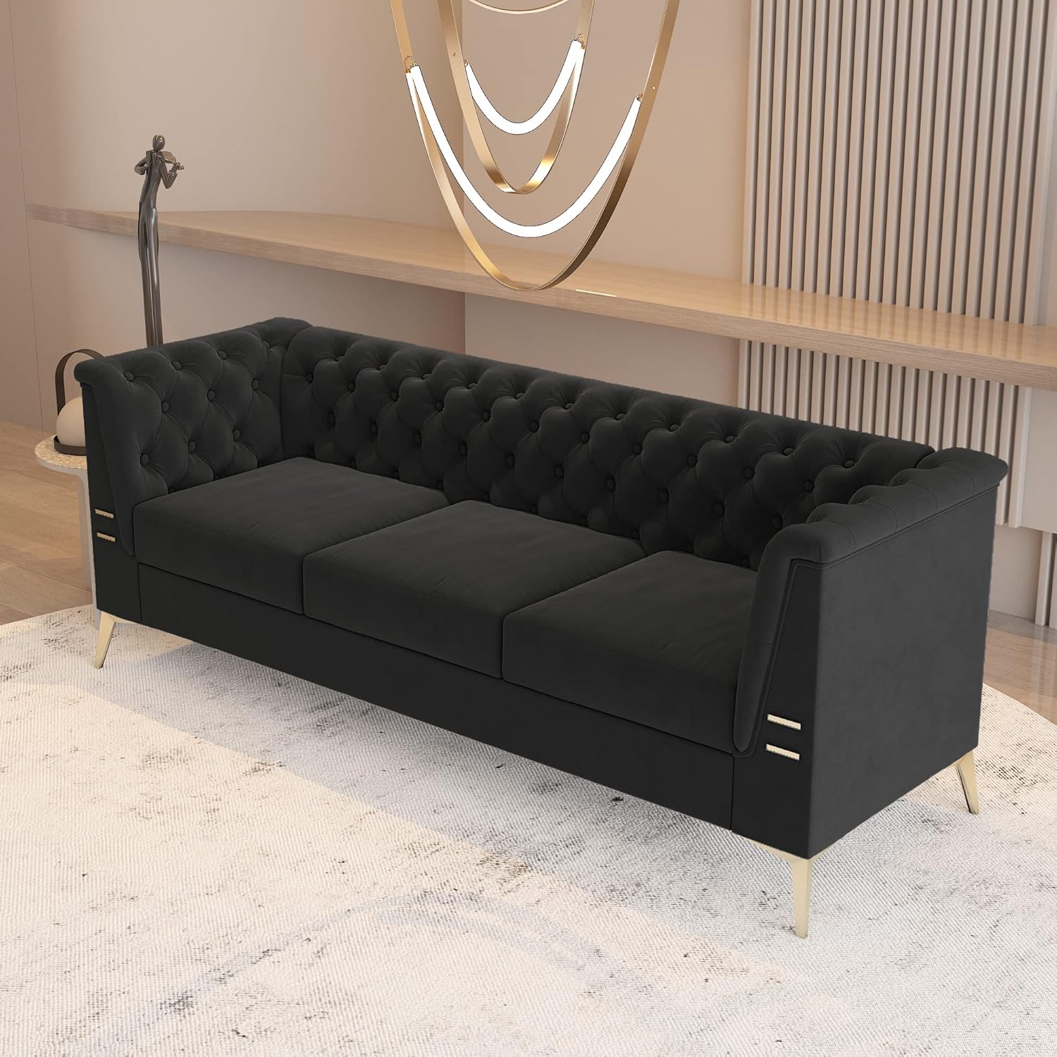WILLIAMSPACE Chesterfield Sofa 3 Seater Couches Upholstered Tufted Velvet Sectional Sofa for Living Room/Office/Apartment - Dark Grey