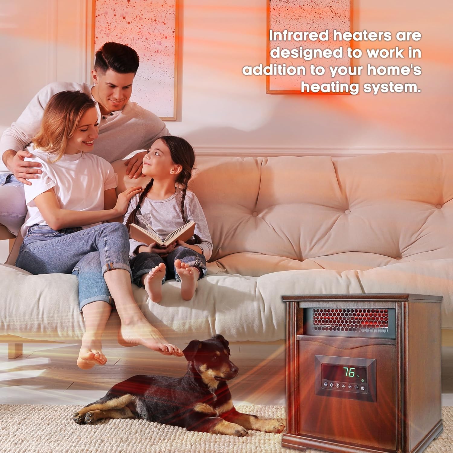 Lifesmart LifePro 1500W Portable Electric Infrared Quartz Space Heater for Indoor Use with 4 Heating Elements and Remote Control, Brown Oak Wood
