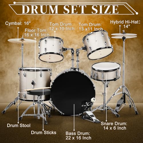 Ktaxon 22 Inch Adult Drum Set, 5-Piece Full-Size Drums Kit with Cymbal Stands, Hi-hat Stand, Sticks, Drum Pedal, Stool & Floor Tom for Beginner Teens Student (Blue)