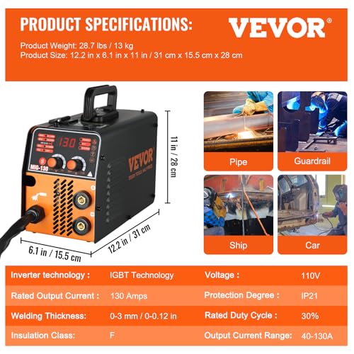VEVOR MIG Welder, 130A Welding Machine, 3 in 1 Combo MMA/MIG/LIFT TIG Welder Machine, Flux Core Welder, MIG-130 Portable Welding Machine for Carbon Steel, Stainless Steel
