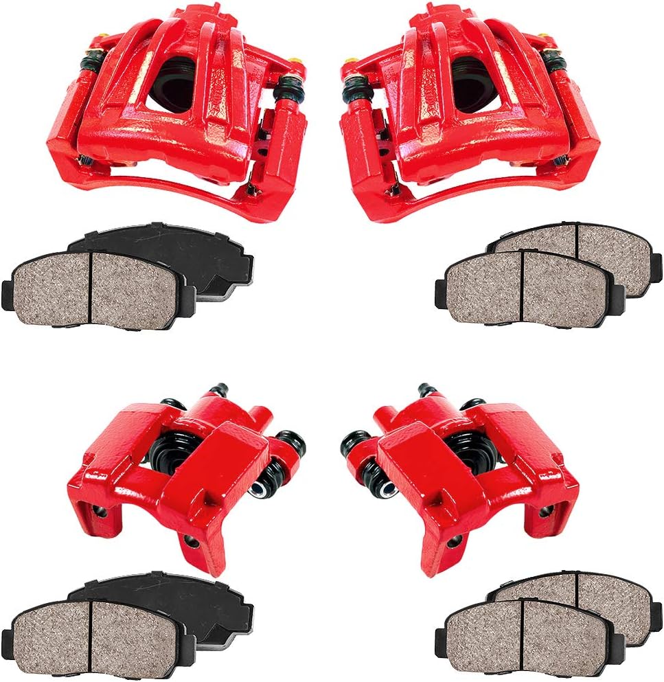 Callahan CCK02910 FRONT + REAR [4] Performance Grade Loaded Powder Coated Red Calipers + [8] Ceramic Brake Pads Kit