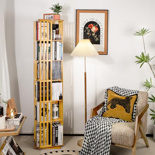 Rotating Bookshelf Tower, 360 Display Spinning Bookcase, Bamboo Bookshelf Floor Standing Storage Rack, Wood Narrow Book Shelf Organizer for Kids&Adults, Walnut 6 Tier