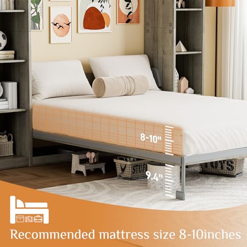 Queen Murphy Bed with Storage Bookcase & 4 Adjustable Shelves, Foldable Space-Saving Queen Wood Wall Bedframe with Metal Legs, Hidden Bedframe for Guest Room, Study, Home Office, Bedroom, Gray