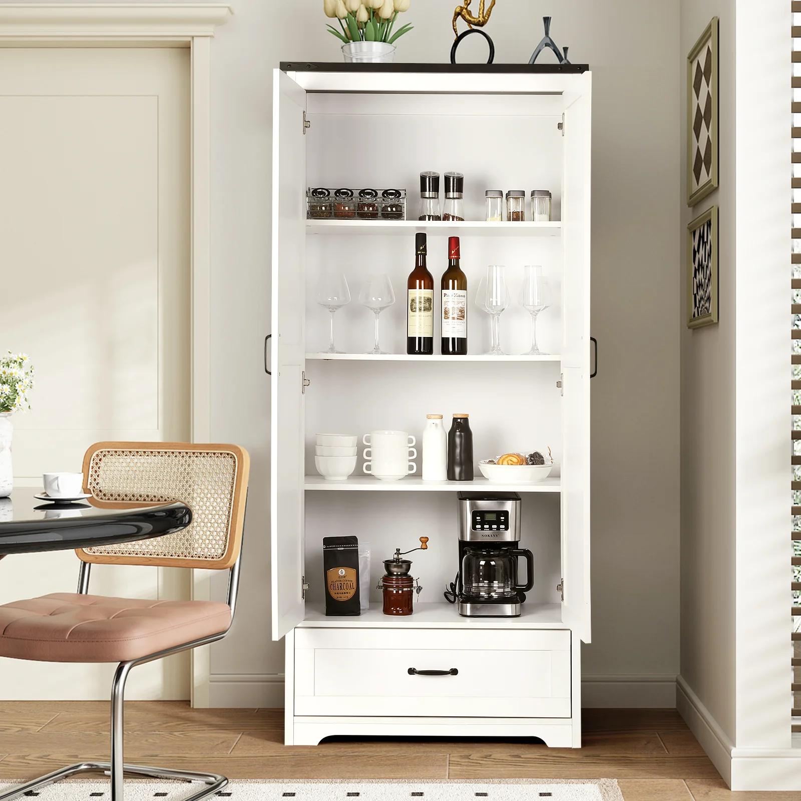 71" Tall Farmhouse Kitchen Pantry, Large Wood Storage Cabinet with Drawer & 2 Barn Doors, Versatile Storage with Adjustable Shelves, for Dining Room, Bathroom, Living Room, White