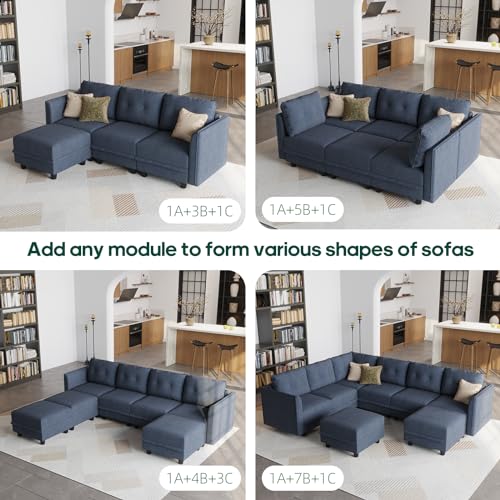 LLappuil Modular Sectional Sofa with Chaise, 8 Seater Reversible L Shaped U Shape Sectional Couch with Storage, Denim Blue