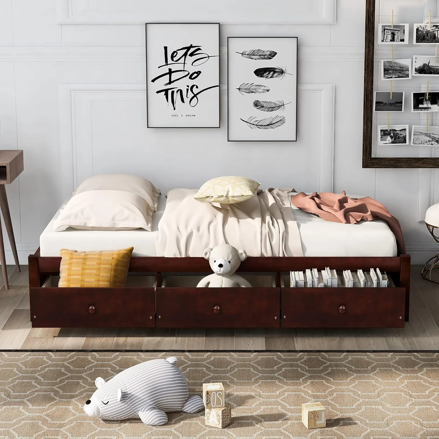 Storage Bed With 3 Drawers, Wood Platform Bed Frame With Storage Drawers, Bed Frame With Wood Slat Support, o Box Sprig eeded,Cherry