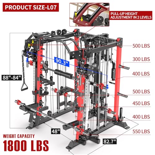 L05/07 Smith Machine，Multi-Function Squat Rack Power Cage with Cable Crossover System,with Weight Bench, Olympic Barbell Weight Set, for Home Gym
