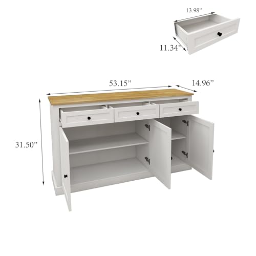 Buffet Cabinet Storage Sideboard Farmhouse Server Bar Wine Cabinet with 3 Drawers & 3 Doors Adjustable Shelves for Dining Living Room White