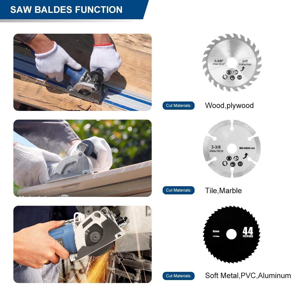 Mini Circular Saw with Track, 3-3/8" 6,500RPM Compact Circular Saw with 2 x 15" Guide Rails, Mini Plunge Cut Saw with 3 Saw Blades for Wood, Soft Metal, Tile and Plastic Pack of 2