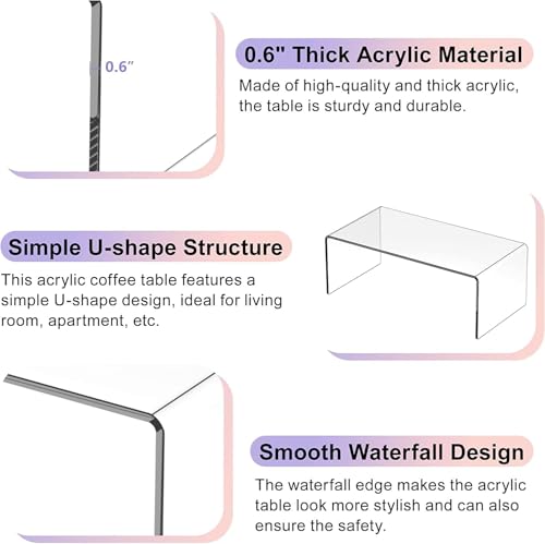 Acrylic Coffee Table, 44" L x 16" W x 16" Hx 4/5'' Thick Rectangle Clear Coffee Table, Modern Lucite Coffee Table Acrylic Furniture, Waterfall Coffee Table for Living Room, Office and Bedroom