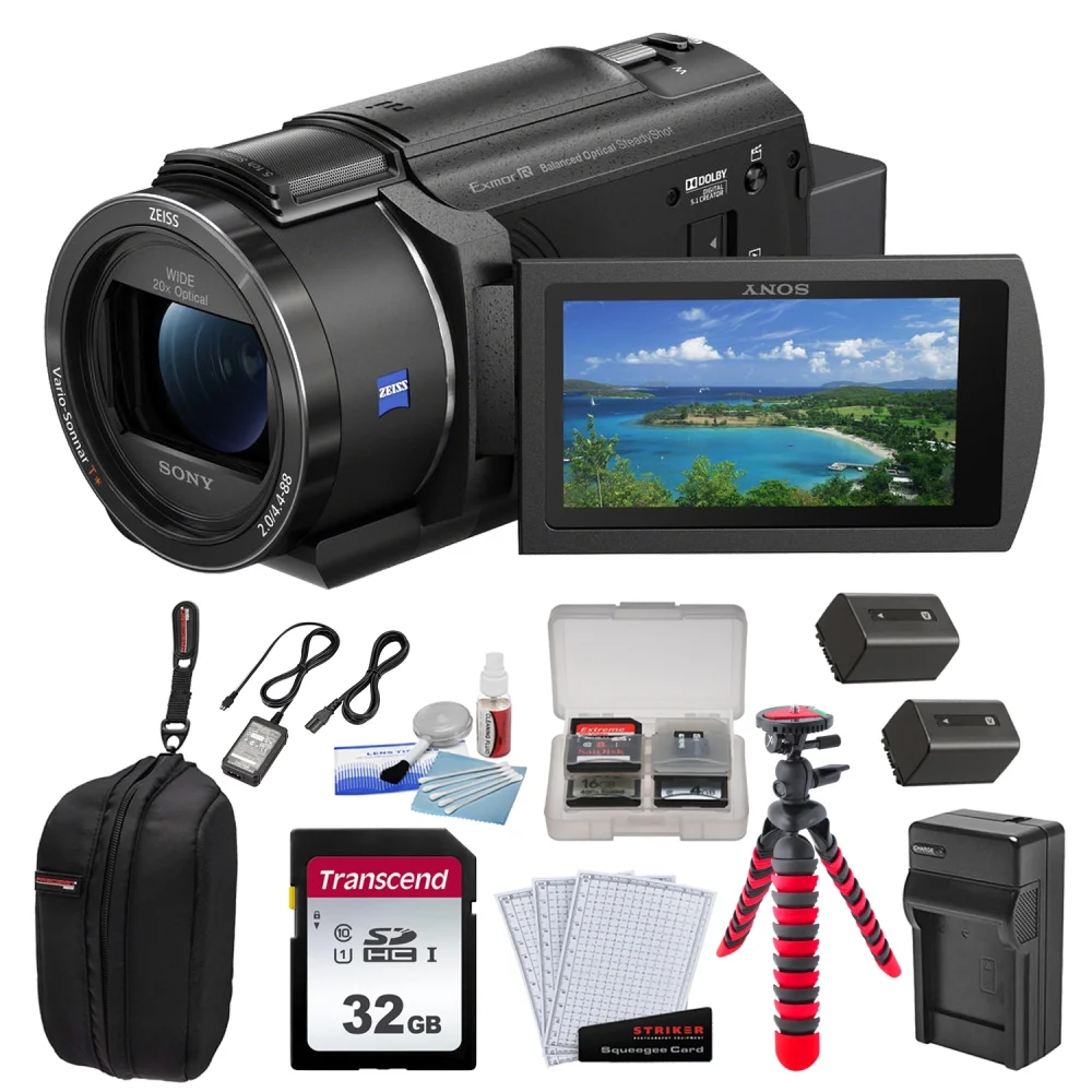 Sony FDR-AX43A UHD 4K Handycam Camcorder Bundle with Battery Charger + Battery + Screen Protectors + Camcorder Case + 12" Flexipod + 32GB Memory Card + Cleaning Kit + Memory Card Case (9 Items)