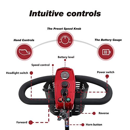 Electric Mobility Scooter for Seniors and Adults - Outdoor Electric Powered Wheelchair Device 300 LBS Max Weight- Compact Heavy Duty Mobile Scooter for Travel, Adults w/Cup & Phone Holder- Red