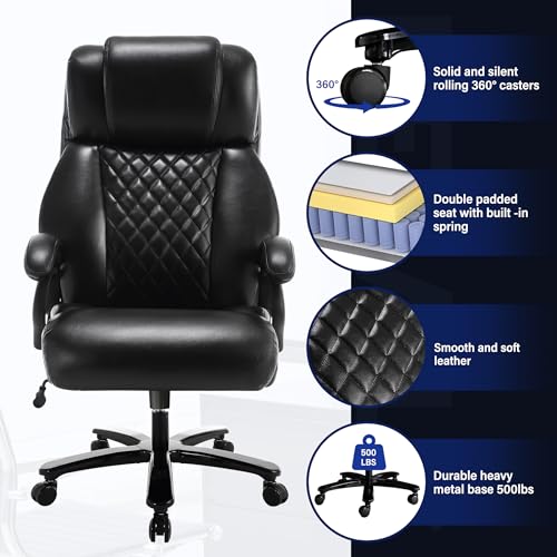 Big and Tall Office Chair, 500lbs High Back Large Executive Chair with Electric Airbag Heating High Back Computer Chair with Wide Seat, Black Ergonomic Leather Rocking Chair
