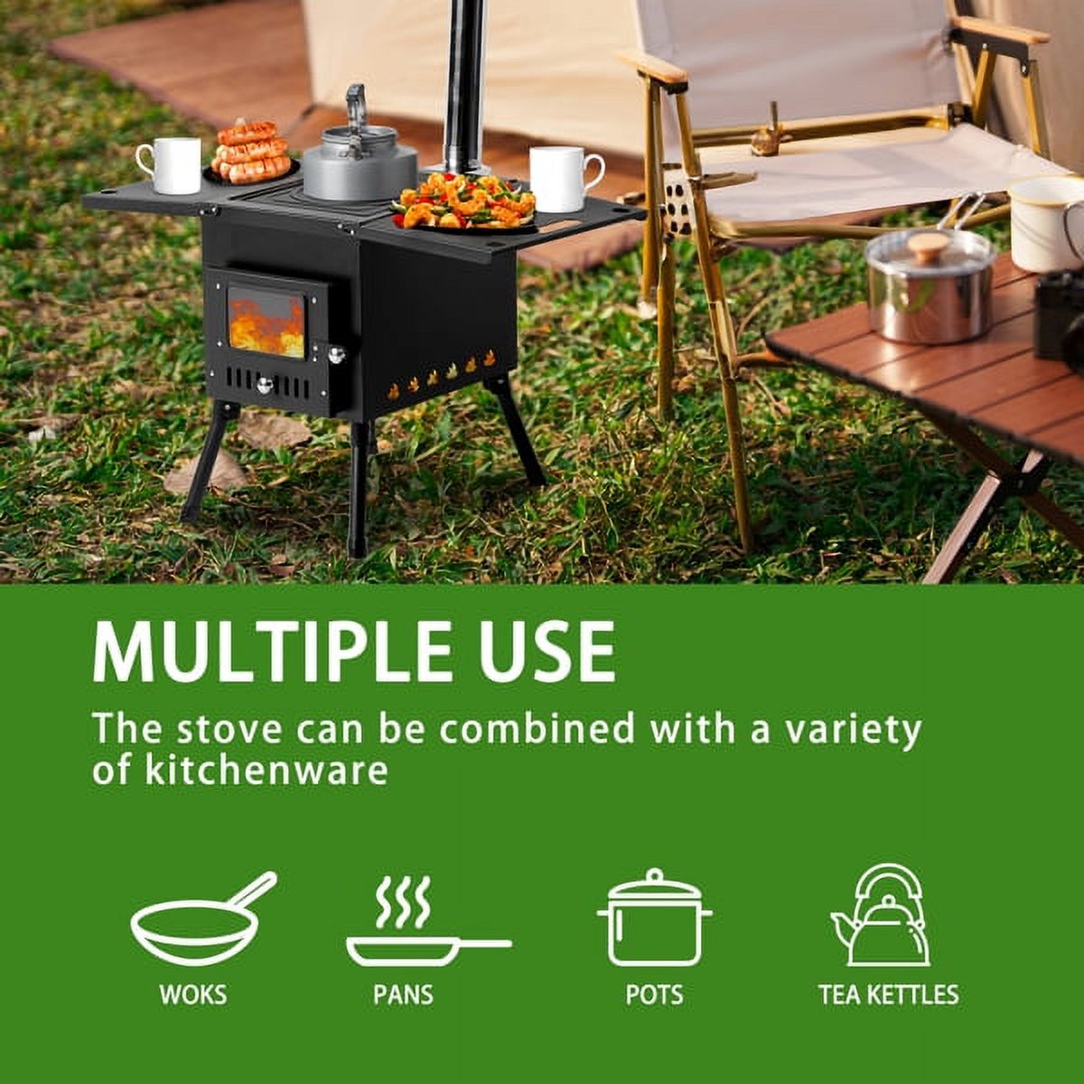SYTHERS Outdoor Wood Burning Stove with Chimney Pipes, Camp Wood Stove for Outdoor Heating & Cooking, Ice Fishing, Hunting, Black