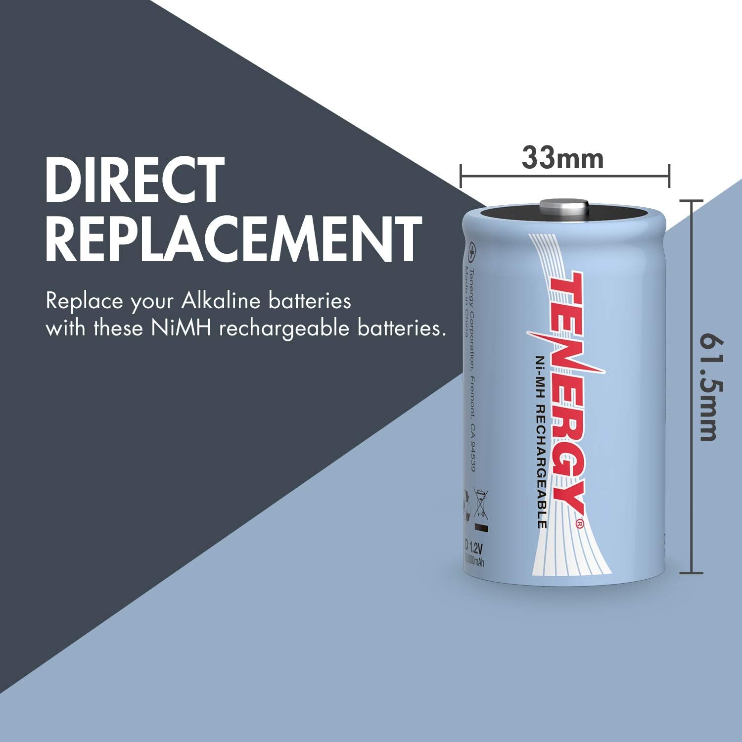 Tenergy 10000mAh NiMH D Battery, Rechargeable High Capacity D Size Battery, High Drain D Cell Batteries for Flashlight, 16-Pack - UL Certified