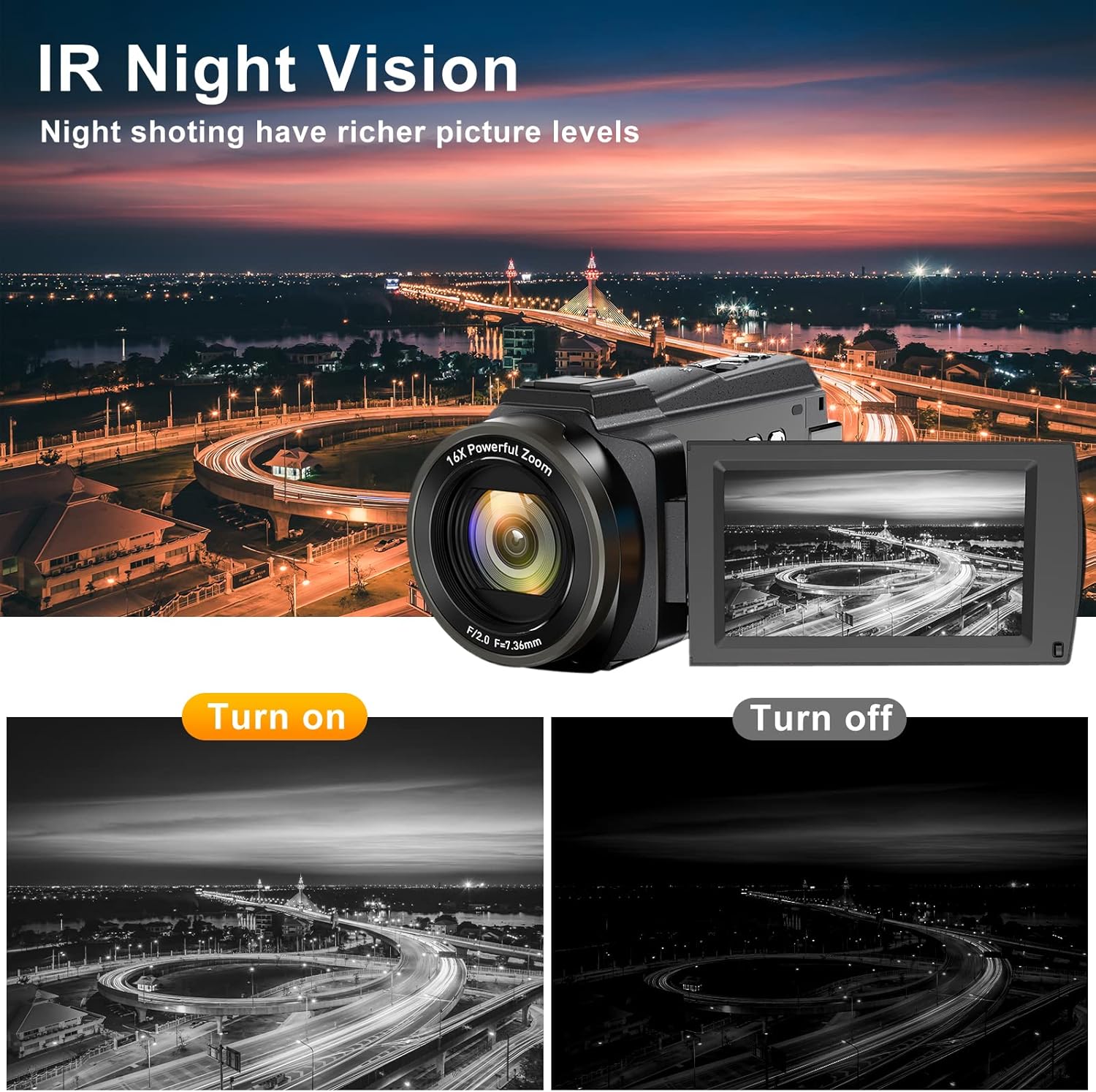 Video Camera 4K Camcorder UHD WiFi IR Night Version Vlogging Camera for YouTube 48MP 30FPS 16X Digital Zoom 3 Touch Screen Camera with Remote, Microphone, Handheld Stabilizer, Lens Hood, 2 Batteries