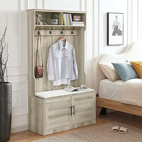 Hall Tree with Storage Bench 3-in-1 Entryway Bench with Coat Rack and Shoe Cabinet Wood Coat Hanger with Open Shelves and Cushioned Bench for Hallway Living Room Mudroom, Walnut