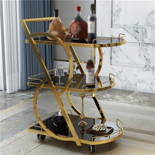 Kitchen Shelf Bar Cart 3 Tiers Removable Storage Tray Rolling Beverage Cart, Mobile Bar Serving Cart with Handle, Marble Glass and Metal Frame Home Kitchen Shelf for Party Storage Shelf(Gold)