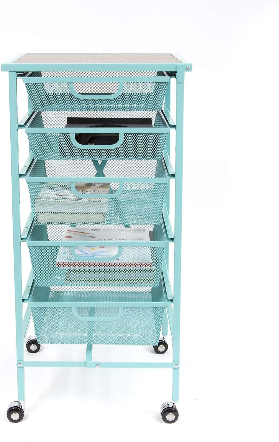 Origami Wheeled Folding Steel 5 Drawer Storage Kitchen Cart Wood Top, Turquoise