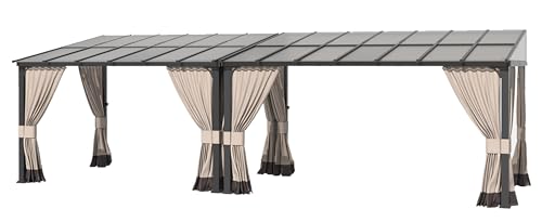 10' x 28' Gazebo,Outdoor Pergola Large Wall-Mounted hardtop Lean to Gazebo with Sloped Roof and Double Curtains & Netting,Awnings for Patio,Backyard,Deck,Garden,Navy