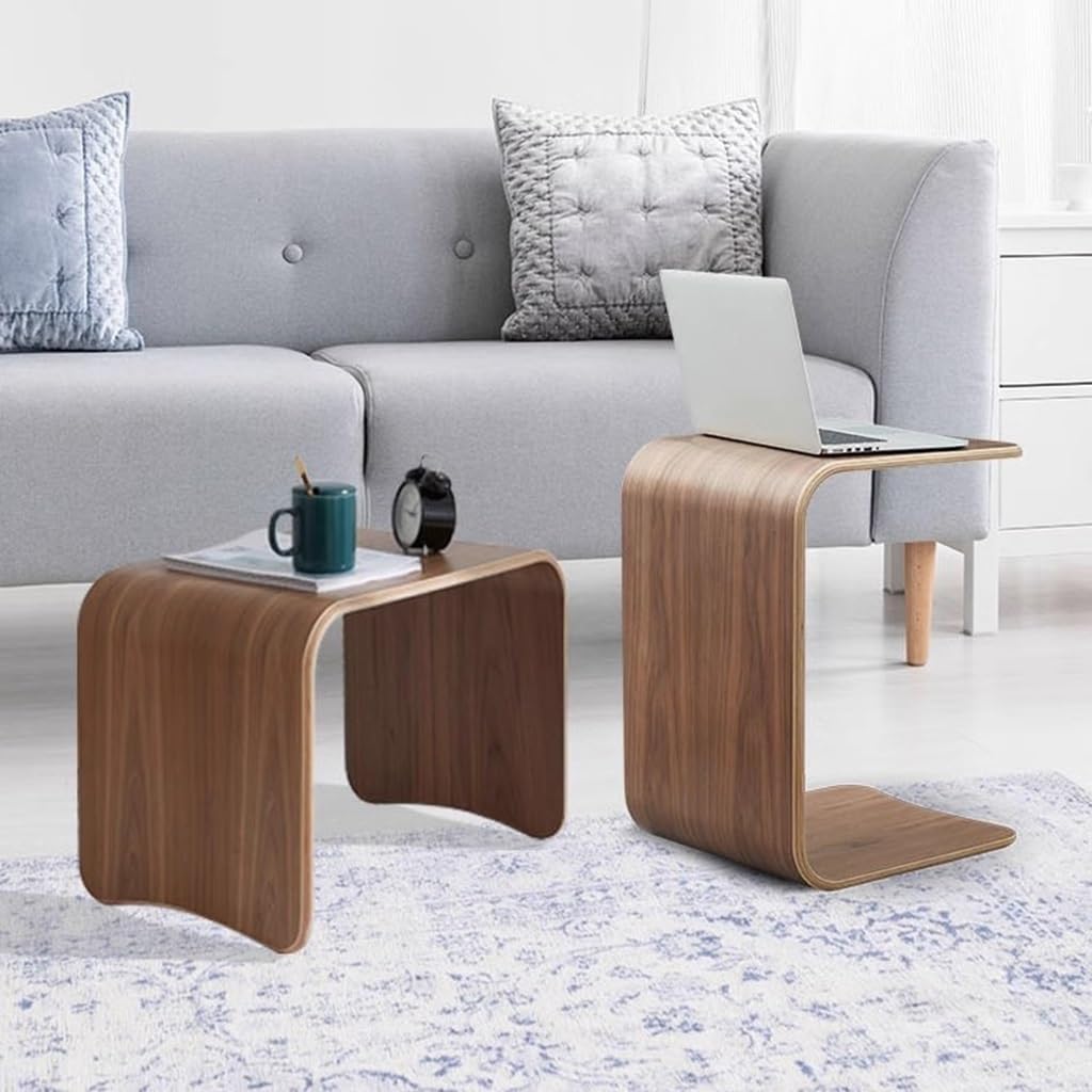 Modern Wooden C-Shaped Sofa Side Table Rectangular Small Walnut Wood Snack Coffee Table, Compact Accent End Table for Livingroom Couch Bedroom