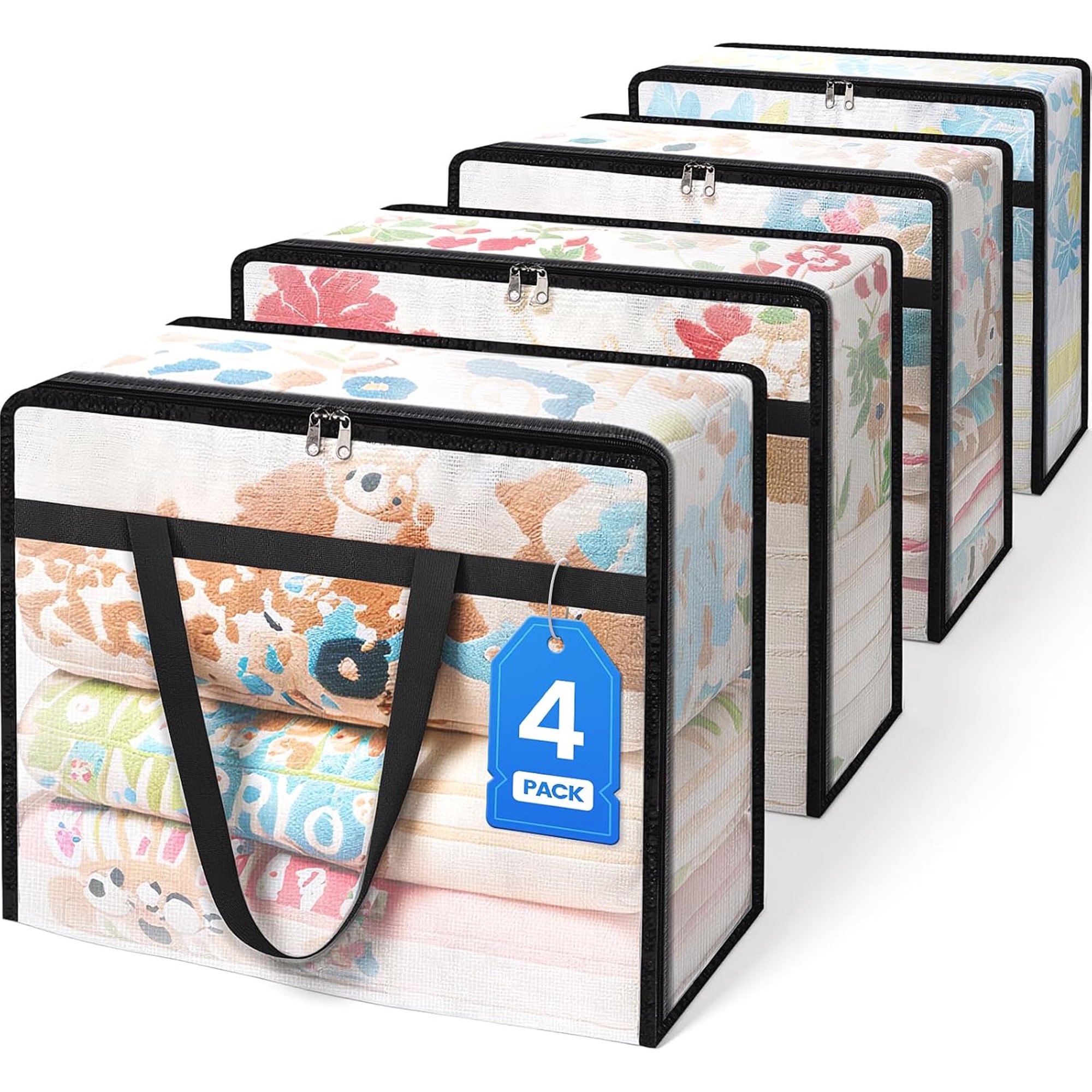 4 Pack Clear Clothes Storage Bags, Moving Bags, Foldable Blanket Storage Under Bed Storage Containers with Sturdy Zipper and Handle for Clothing, Comforter, Bedding, Sheet (40L)