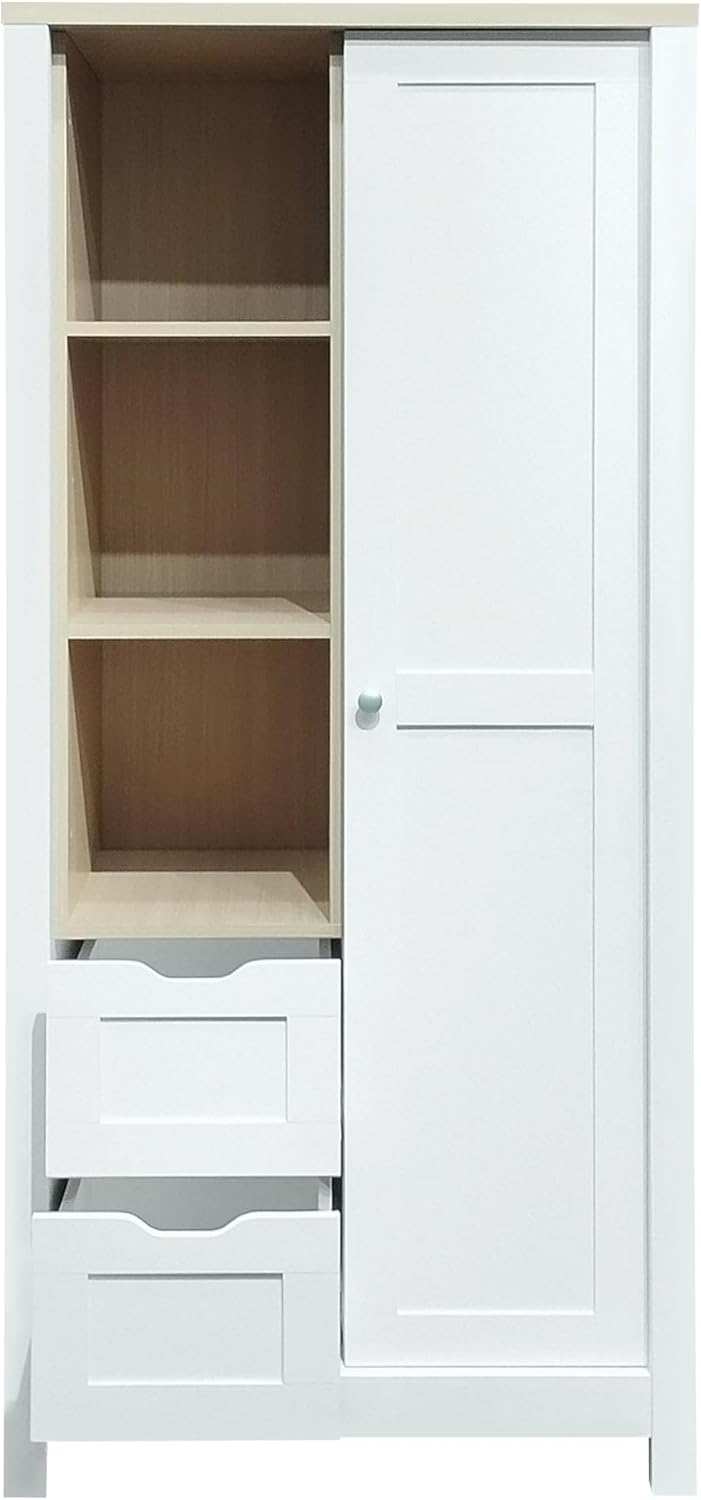 Armoire Wardrobe 1 Sliding Door and 2 Drawers, Clothes Cabinet with Hanging Rod, Freestanding Wooden Closets Organization for Bedroom, 31.4″x20.6″x68.3″, White