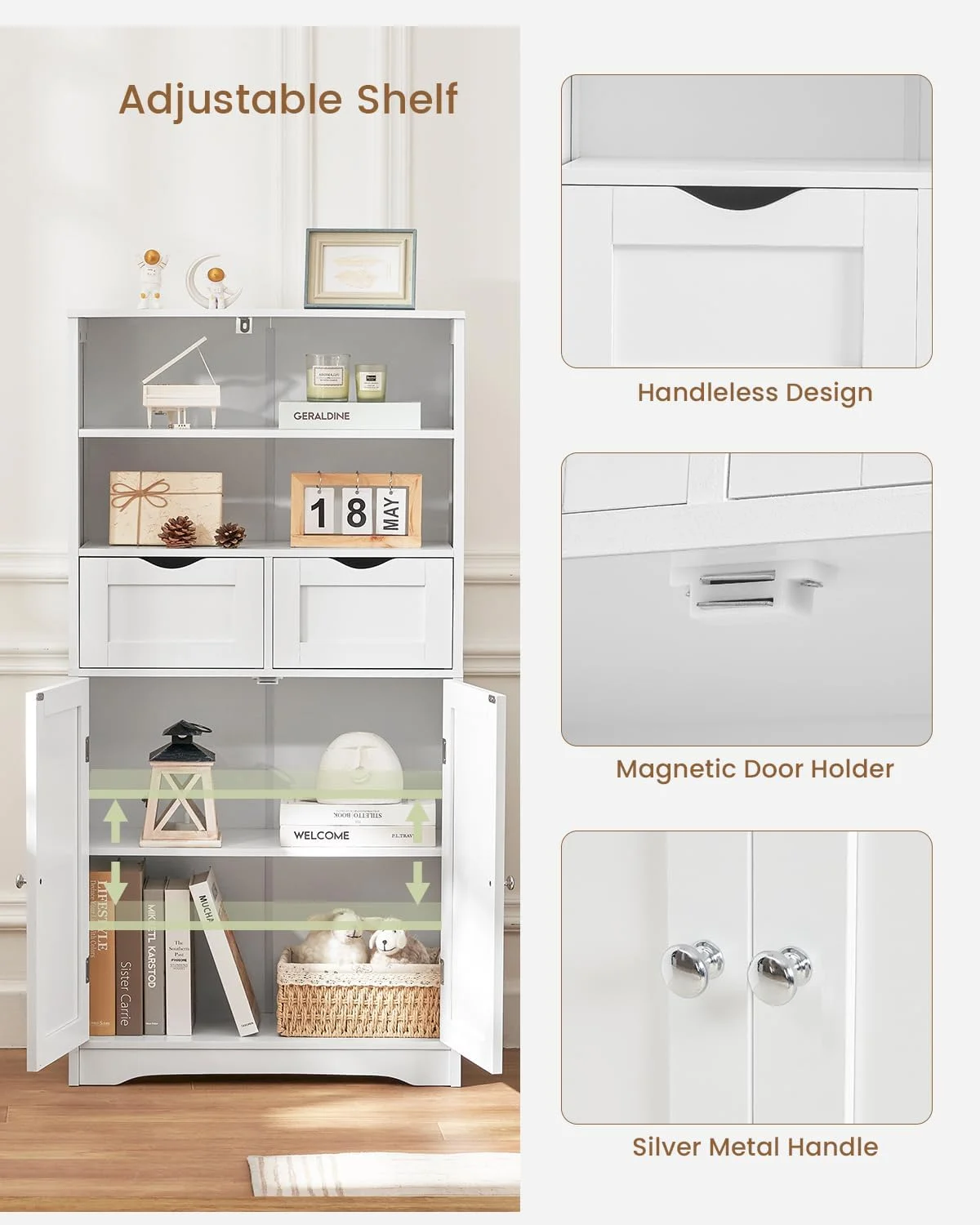 YINCHEN Tall Bathroom Cabinet, Storage Cabinet with 2 Drawers & Adjustable Shelves, Bathroom Floor Cabinet for Living Room, Bedroom, Entryway, White
