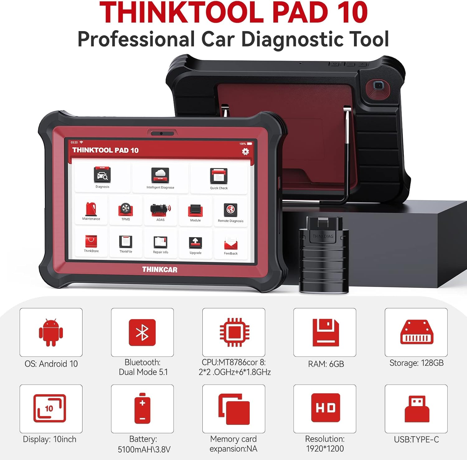 thinktool pad10 Bi-Directional Diagnostic Scan Tool, 34 Reset Services OE-Level All Systems Automotive Scanner,Active Test, Key Program, ECU Coding, Cars Connector Kits,2 Years Free Update