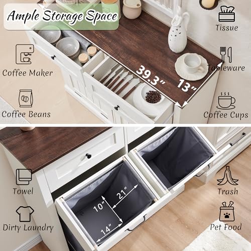 Tilt Out Laundry Hamper Cabinet, 10 Gallon Farmhouse Trash Can Cabinet with Drawer, Hidden Wood Garbage Can Bin Cabinet with Laundry Storage Basket for Bathroom, Kitchen, White