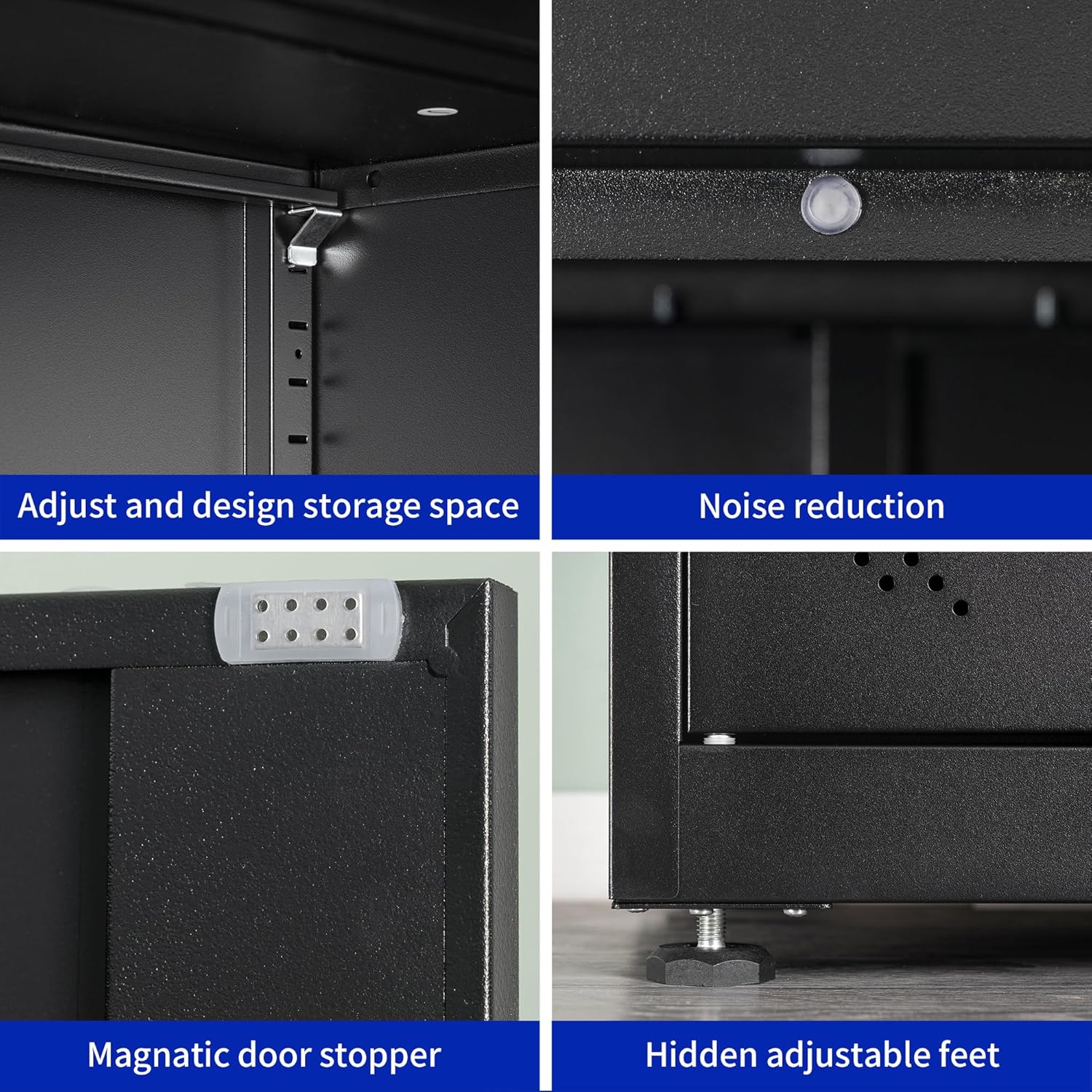 Metal Garage Storage Cabinet, Tall Locking Steel Storage Cabinet with 2 Doors and 4 Adjustable Shelves,Lockable Storage Cabinet for Home, Office, Warehouse（Black）