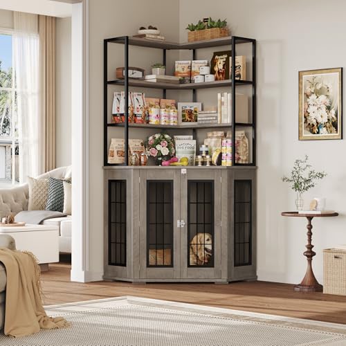 Corner Dog Crate Furniture with Storage, Decorative Large Dog Kennel Indoor Furniture with Double Doors, 2 Safety Locks, 4-Tier Shelves, Large Dog Cage Furniture for Medium and Big Dogs