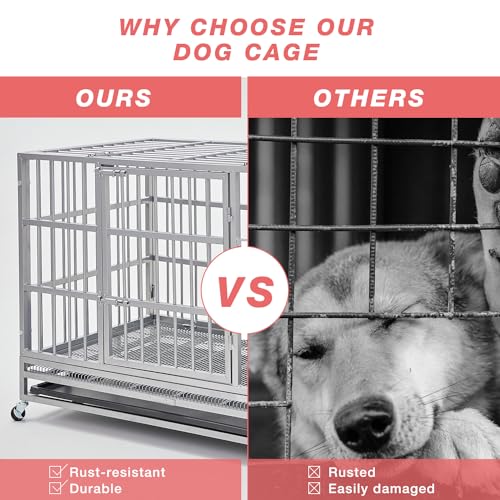 48 Inch Heavy Duty Indestructible Dog Crate Steel Escape Proof, Indoor Double Door High Anxiety Cage, Kennel with Wheels, Removable Tray, Extra Large XL XXL