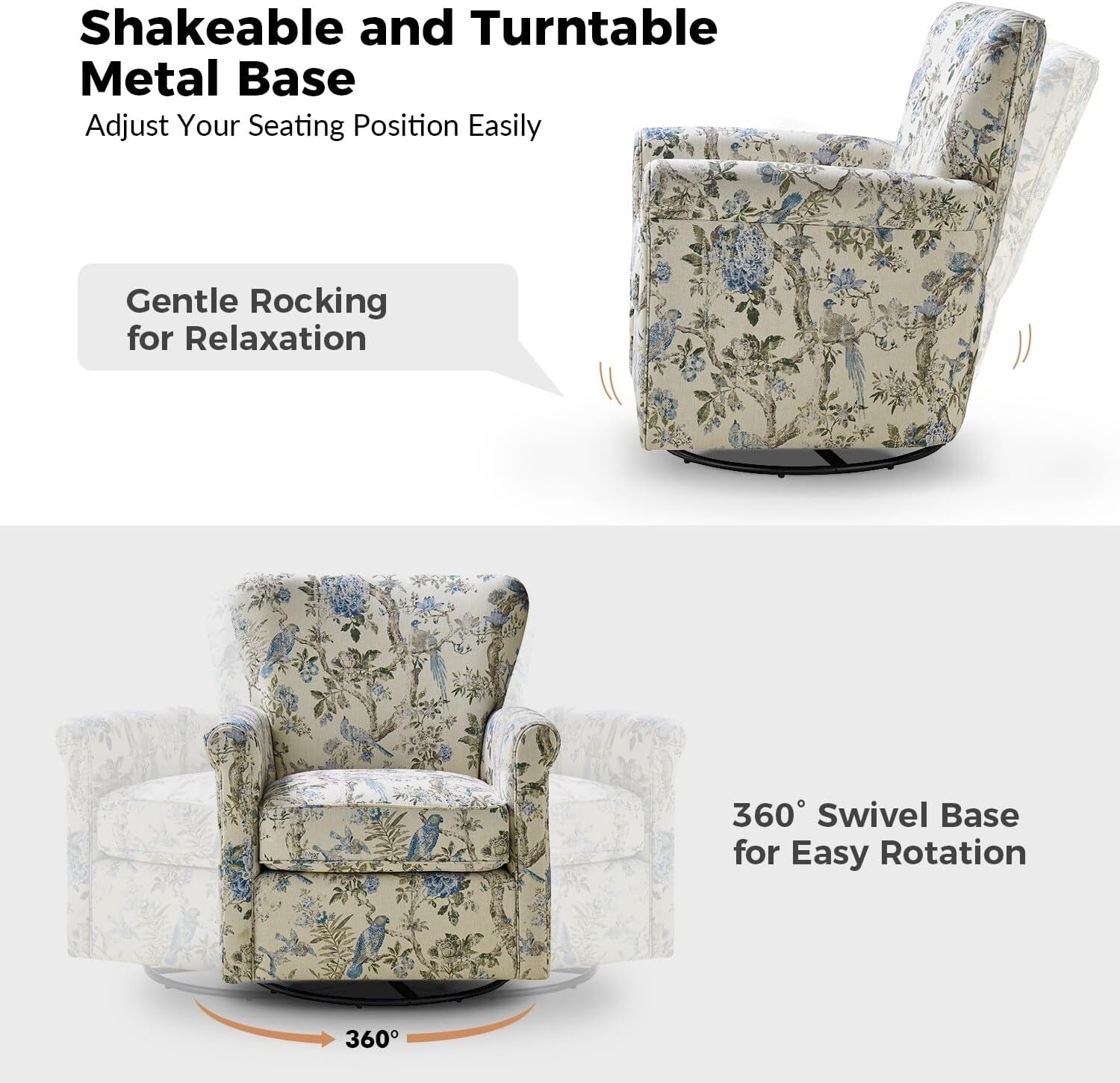 HULALA HOME Georg Comfortable Floral Fabric Swivel Rocker Chair with Rolled Armrest by Bird