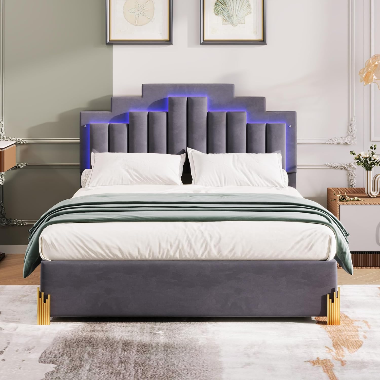 Queen Size Upholstered Platform Velvet Bed with LED Lights and 4 Drawers, Stylish Irregular Metal Bed Legs Design, Easy to Assembly, for Bedroom, Guest Room, Apartment, Gray