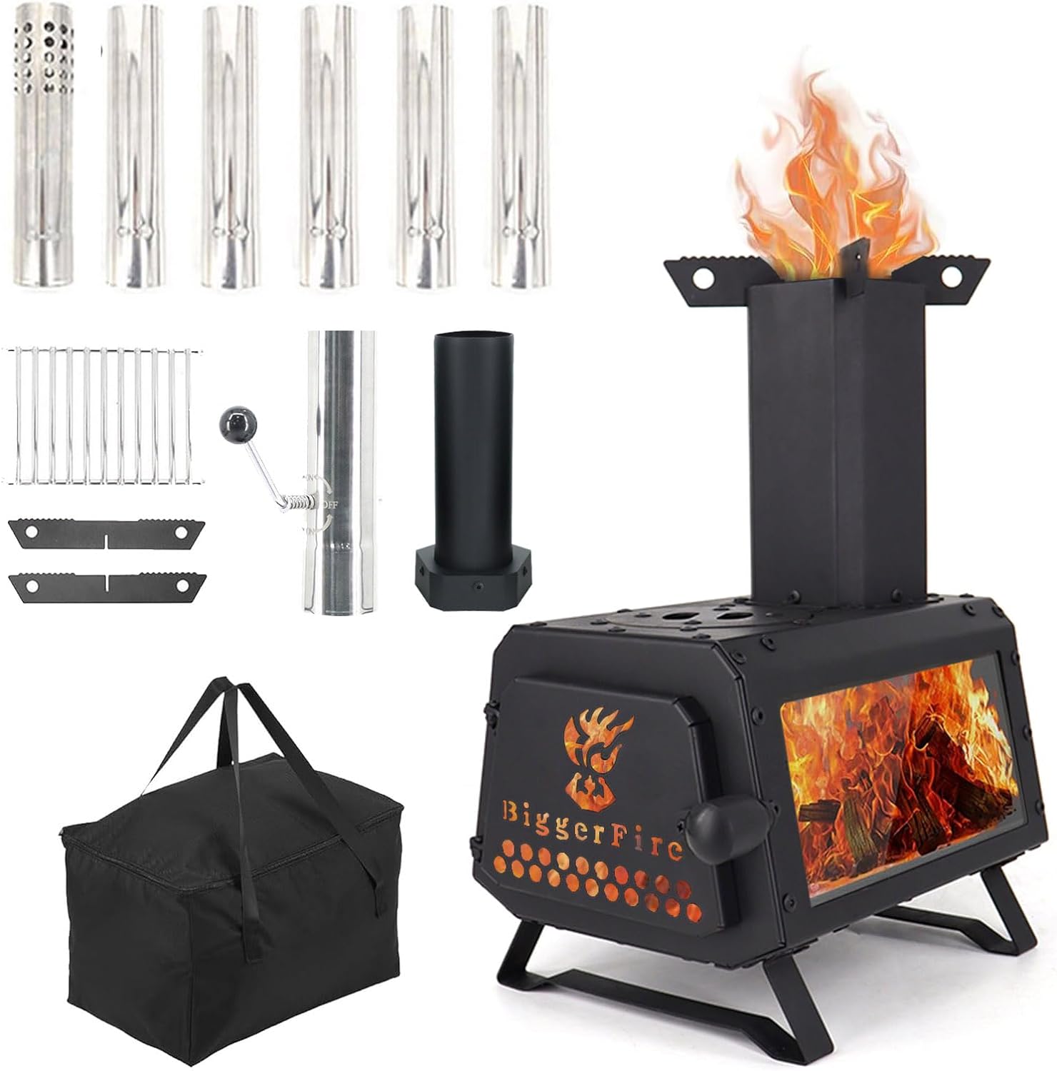 Wood Burning Stove with Fire Window,Portable Hot Tent Stove with 7 Sectional Chimney Pipes,Sturdy Camping Wood Stove with X-shaped Pot Holder for Outdoor Backpacking,Cookout,Hiking and Heating