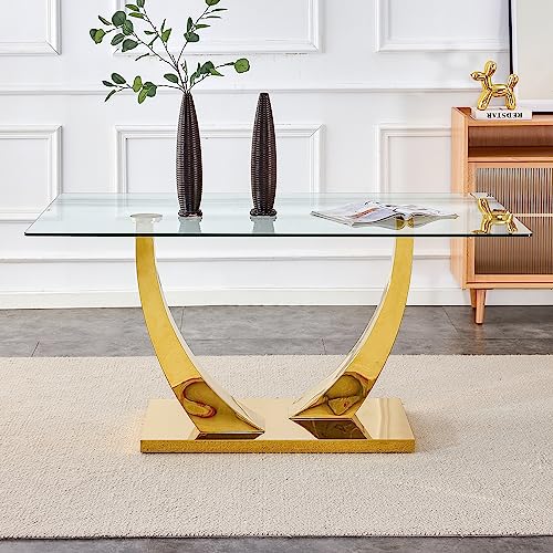 63" Glass Dining Table for 6-8, Large Rectangular Dining Room Table, Luxury Kitchen Dining Table with Tempered Glass Top and Special-Shaped Pedestal Base, Glass Table for Kitchen Dining Meeting Room