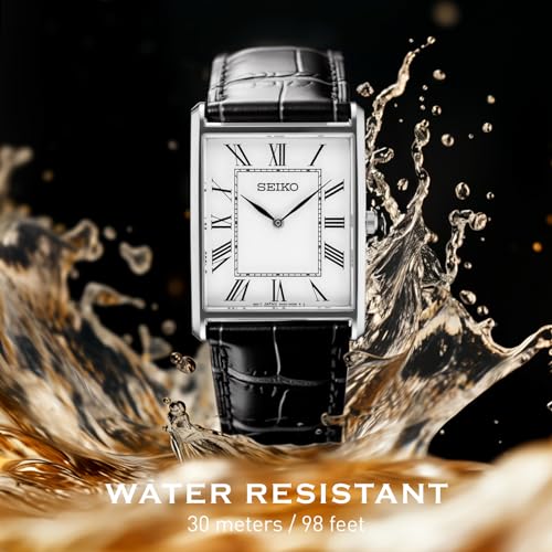 SEIKO Essentials Watch for Men - Essentials - Water Resistant with Stainless Steel Rectangular Case and Leather Strap