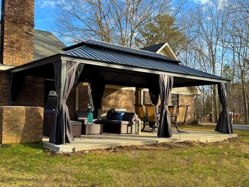 PURPLE LEAF 10' X 14' Permanent Hardtop Gazebo Aluminum Gazebo with Galvanized Steel Double Roof for Patio Lawn and Garden, Curtains and Netting Included, Grey