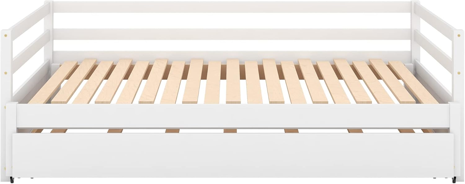 Extendable Daybed with Trundle, Wood Twin to Double Twin Daybed with Pull Out Trundle, Trundle Daybed for Kids Teens, Extending Sofa Bed for Living Room, Bedroom, Guest Room,White