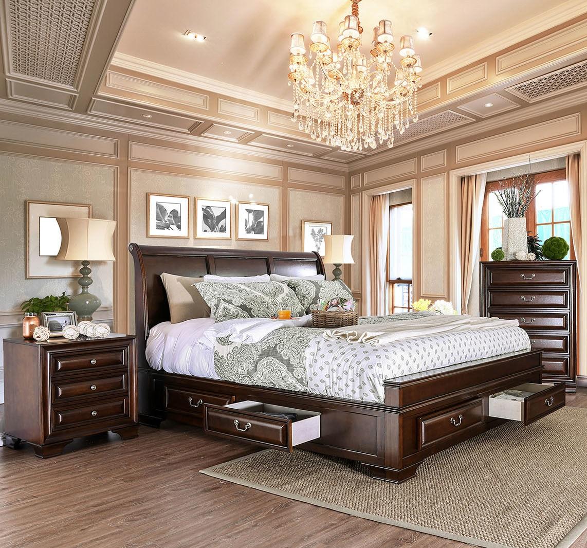 Transitional Brown Cherry Solid Wood King Bedroom Set 3pcs FOA CM7302CH Brandt