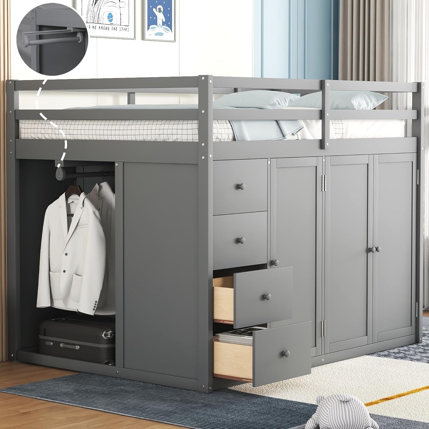 Full Size Loft Bed with Storage Space, Muti-Functional Wooden Loft Bed Frame with Built-in Wardrobes, Staircase, Cabinets and Drawers for Kids Teens Adults Bedroom, Space-Saving Design, Gray